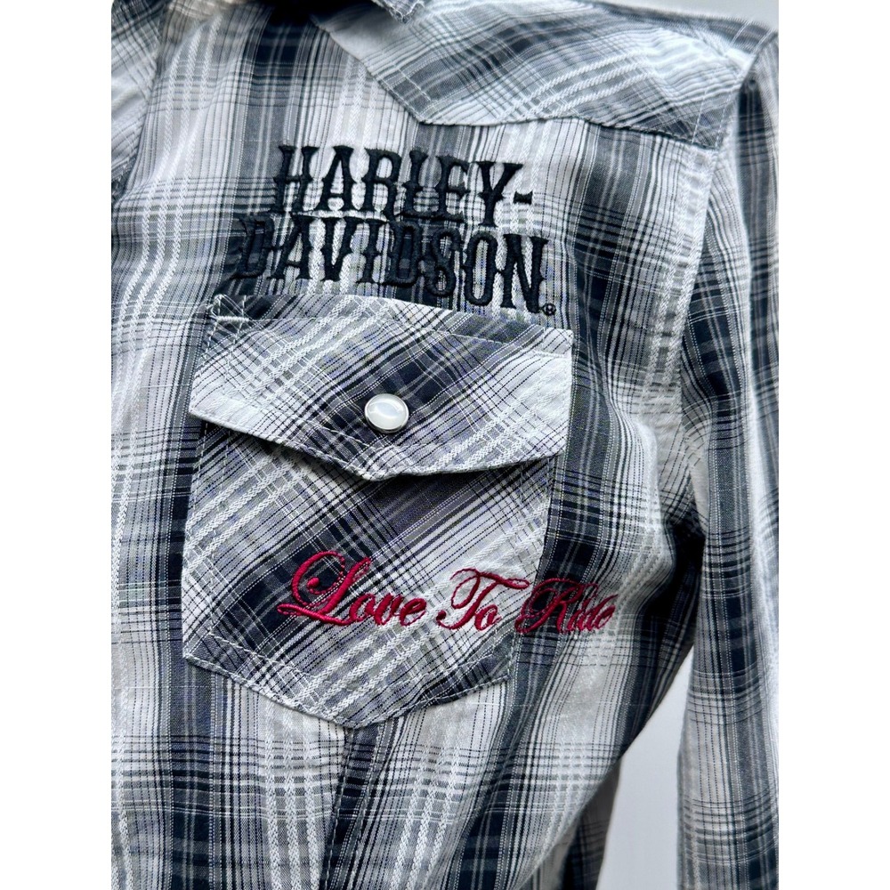 Harley Davidson Womens Plaid Snap Front Shirt Love To Ride Embroidered Wings M - Picture 4 of 7